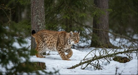 Obraz premium A majestic Eurasian lynx cautiously walks through a snowy forest. 