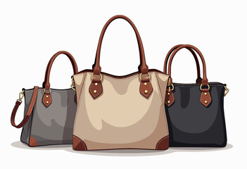 An elegant illustration of three classic women's tote bags in neutral beige, grey, and black colors with leather trim, showcasing a timeless fashion accessory collection.
