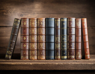 Row of Antique Leather-Bound Books on Wooden Shelf