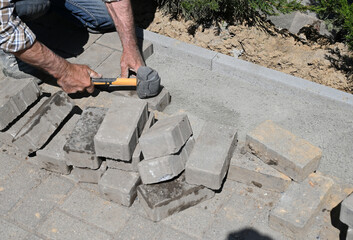 Workers laying paving stones while constructing a pathway in a garden during daylight in a residential area