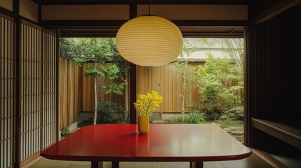 Japanese interior, serene garden view