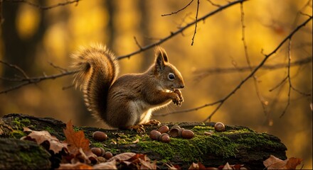 A vibrant red squirrel sits perched on a moss-covered log, surrounded by acorns and fallen autumn leaves.