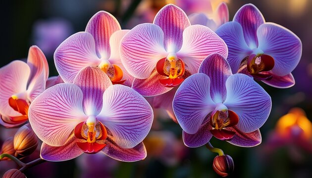 phalaenopsis orchid or phalaenopsis spp in full bloom displaying delicate light purple petals with a vibrant magenta and orange center the flowers form a dense elegant cluster