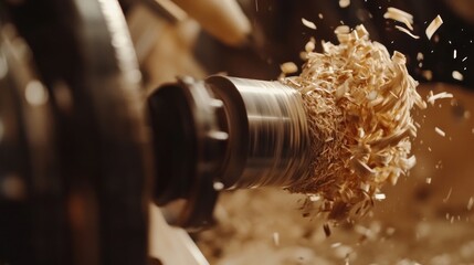 Wood shavings fly from a wood lathe