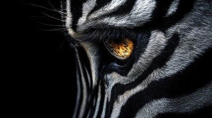Close-up of a zebra's eye, showcasing black and white stripes and golden reflection
