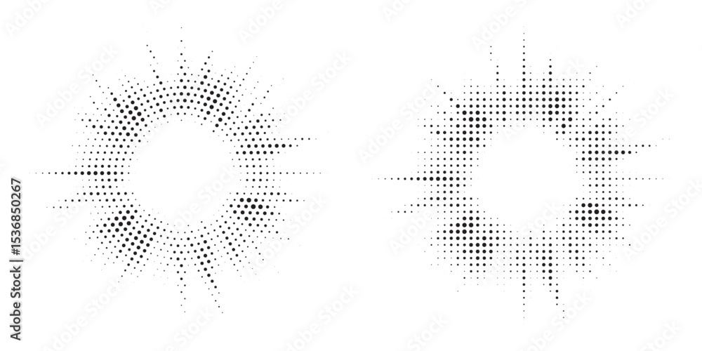 Poster Halftone circle frame background set. Round border Icon using halftone random circle. Grunge circular stain. Vector illustration.