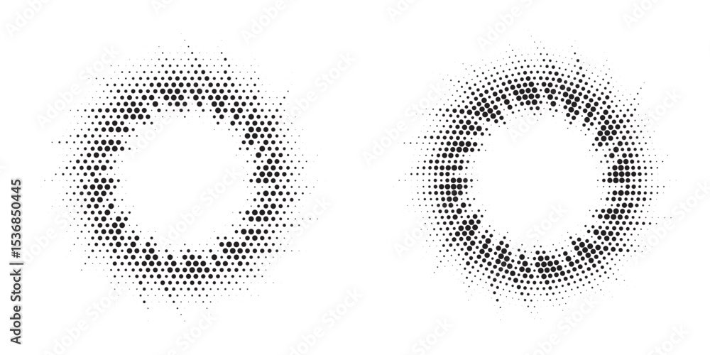 Poster Halftone circle frame background set. Round border Icon using halftone random circle. Grunge circular stain. Vector illustration.