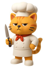 3D cartoon of a grumpy orange cat dressed as a chef holding a knife with a serious facial expression.