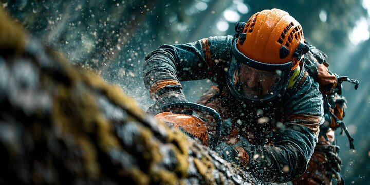 Dynamic low-angle shot of an arborist in full safety gear, intensely focused while cutting a large tree with a chainsaw as sawdust flies.