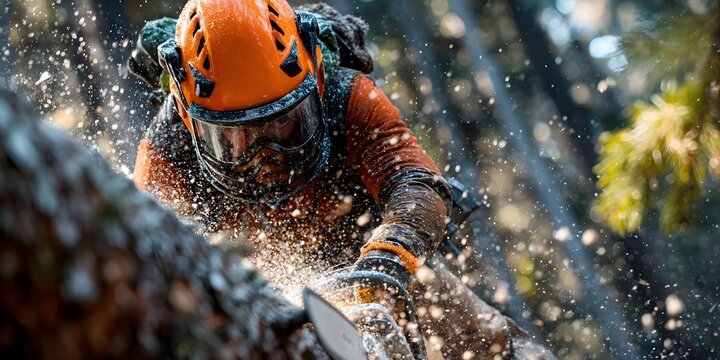 Dynamic low-angle shot of an arborist in full safety gear, intensely focused while cutting a large tree with a chainsaw as sawdust flies.