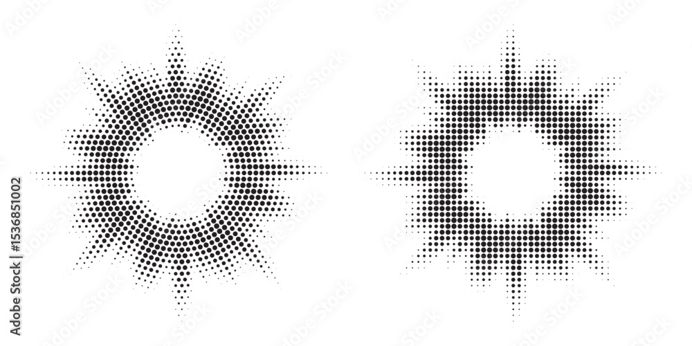 Aufkleber Halftone circle frame background set. Round border Icon using halftone random circle. Grunge circular stain. Vector illustration.