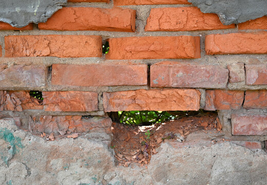 Weathered brick wall showing signs of decay and nature's encroachment through a large gap in the structure