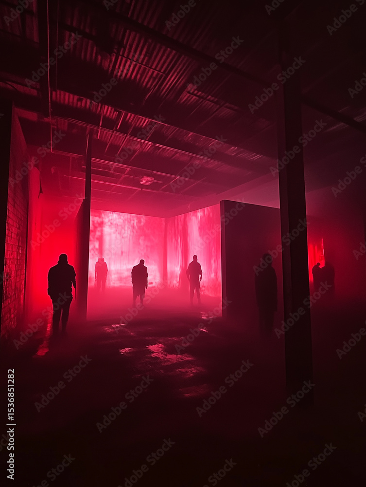 Poster exploring a haunted environment with shadowy figures in a horror game projection at night