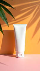 A white cosmetic tube on a pink surface, set against an orange background with plant shadows