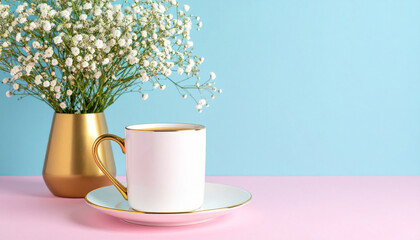 A cup on a saucer sits on a pink surface, accompanied by a bouquet of white flowers in a gold vase. The background is light blue
