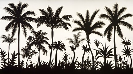 Silhouette Tropical Palm Trees and Lush Foliage
