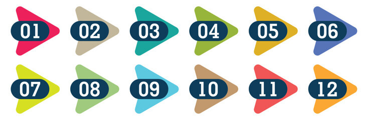 Colorful bullet points set 1 to 12. Flat design infographic isolated vector.