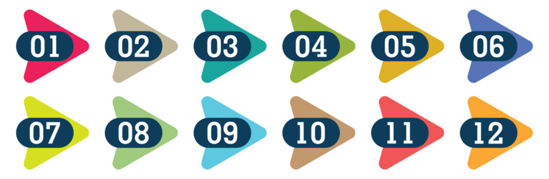 Colorful bullet points set 1 to 12. Flat design infographic isolated vector.
