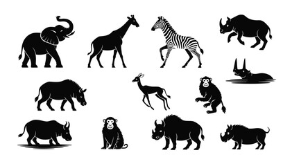 Naklejka premium silhouette illustration of african wildlife animals including elephant, giraffe, zebra, rhino, buffalo, monkey, and antelope on white