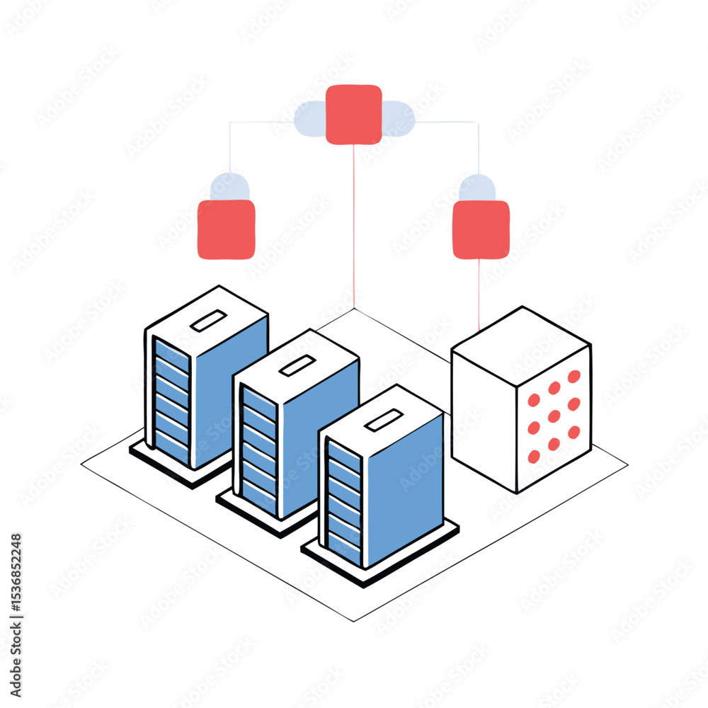 Poster isometric illustration of data servers cloud computing and network connections
