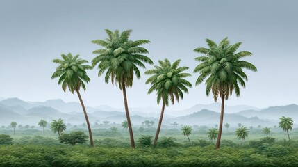 Obraz premium Lush Green Landscape with Tall Palm Trees and Misty Mountains