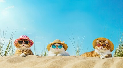 Cats wearing sunglasses and summer hats relaxing on beach
