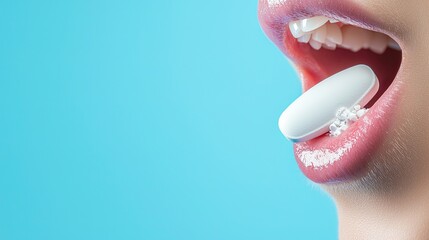 Woman holding pill between lips on blue background