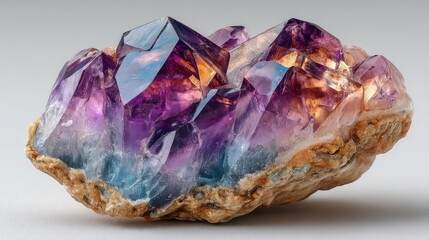 Obraz premium Beautiful amethyst crystal cluster showcasing vibrant colors and intricate formations in natural rock setting