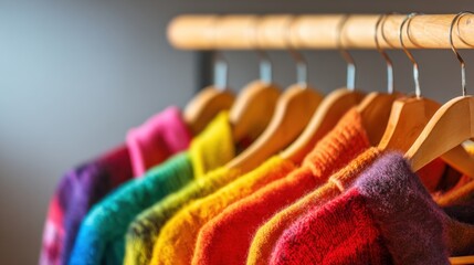 Colorful knitted sweaters neatly arranged on wooden hangers, showcasing vibrant hues of pink, purple, blue, green, yellow, orange, and red against a soft blurred background.