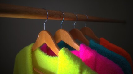 Row of wooden hangers with metal hooks holding vibrant fuzzy garments in neon yellow, vivid pink, teal, and orange against a dark background.