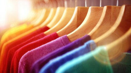 Row of wooden hangers displaying colorful sweaters in gradient hues from red to green, with warm glowing light and rustic natural texture.