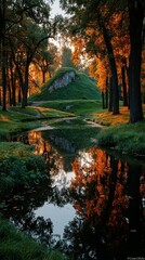 Stunning autumn landscape with vibrant foliage reflecting in a calm stream at dusk