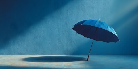 Minimalist product shot of a single elegant dark blue umbrella, open and upright. It is set against a textured light blue background with soft lighting.