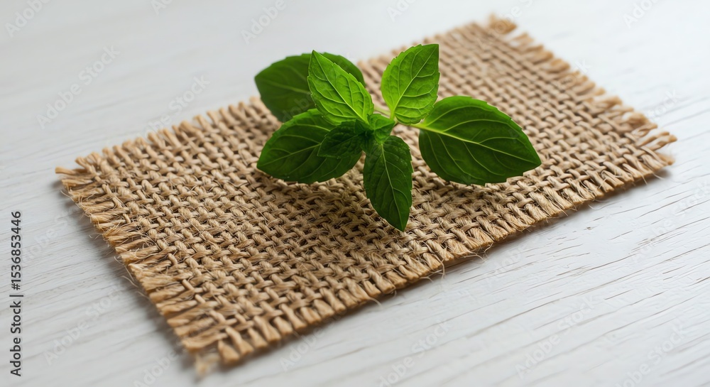 Poster fresh basil on burlap rustic table top