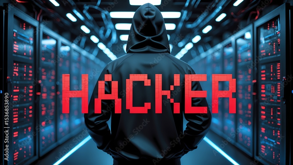 Poster a mysterious figure stands in a server room, the word 