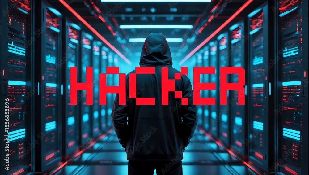 Poster A mysterious hacker standing in front of a server room, with a red 