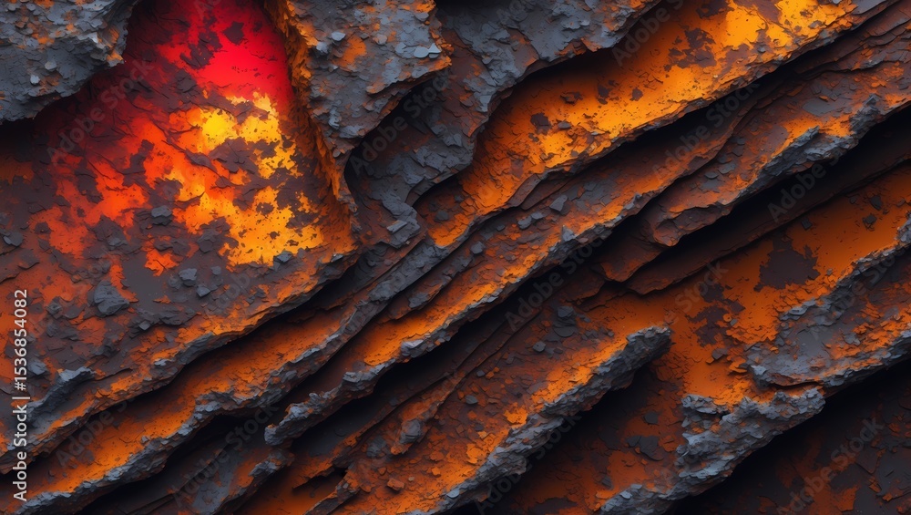 Poster close-up of weathered rock layers with fiery orange and red hues. the textures and colors evoke the 