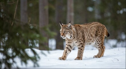 A majestic Eurasian lynx cautiously walks through a snowy forest landscape. 