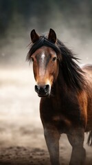 Obraz premium Majestic brown horse stands proudly in a dusty field during golden hour, capturing the essence of nature's beauty and grace