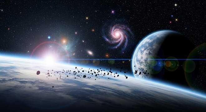 Asteroid field orbits a blue planet with a distant spiral galaxy and bright star