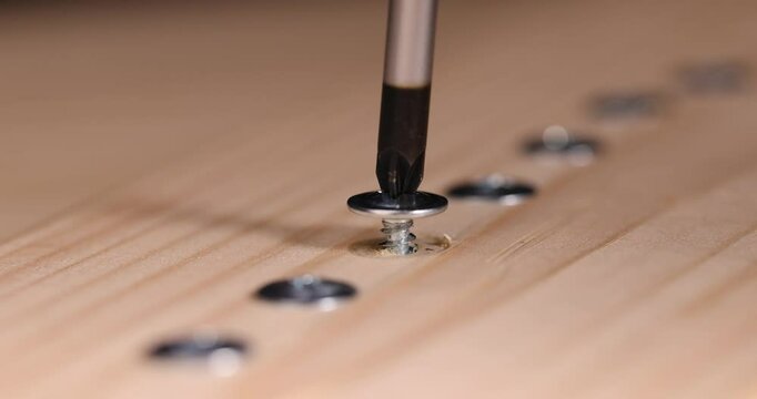 screw for fixing wooden boards and other materials close up, self-tapping screws with a drill tip twisted into a pine board