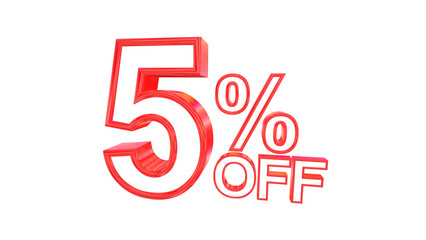 3d 5 percent off text with solid white and red metal outline effects isolated on a transparent background. 3d elements for graphic design.