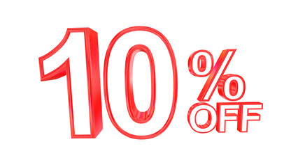 3d 10 percent off text with solid white and red metal outline effects isolated on a transparent background. 3d elements for graphic design.
