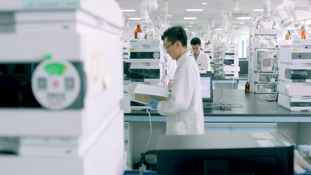 Scientists team in lab coats conducting biological experiment on Cell culture essay with high tech, test tubes, chemical liquid, advanced machine. Forensic exam in lab or pharma, genetics, medicine