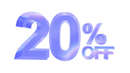 3d glass 20 percent off text with aberration effect isolated on a transparent background. Blue tone. 3d elements for graphic design.