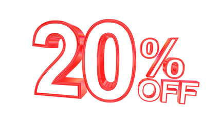 3d 20 percent off text with solid white and red metal outline effects isolated on a transparent background. 3d elements for graphic design.