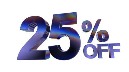 3d 25 percent off text with dark blue metal and rainbow effects isolated on a transparent background. 3d elements for graphic design.