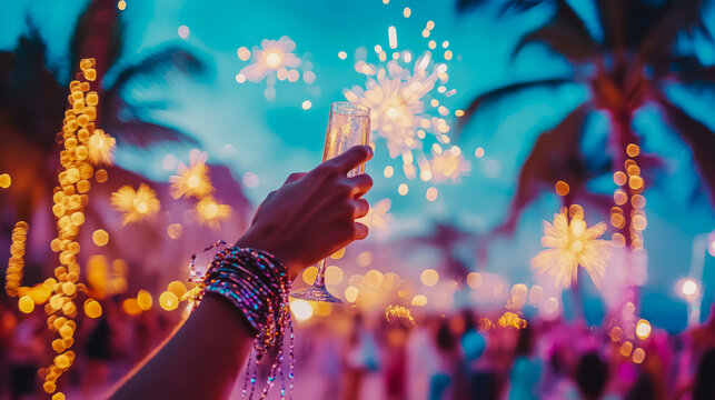 Festive New Year celebration with sparkler and champagne flute on a tropical beach at twilight