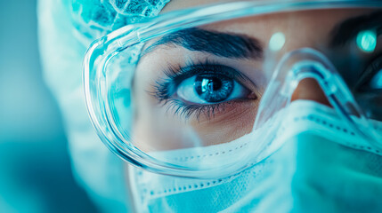 Medical Concept: Close-up of a healthcare worker in protective gear, wearing glasses and a face mask