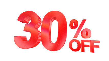 3d 30 percent off text with dark red metal and rainbow effects isolated on a transparent background. 3d elements for graphic design.